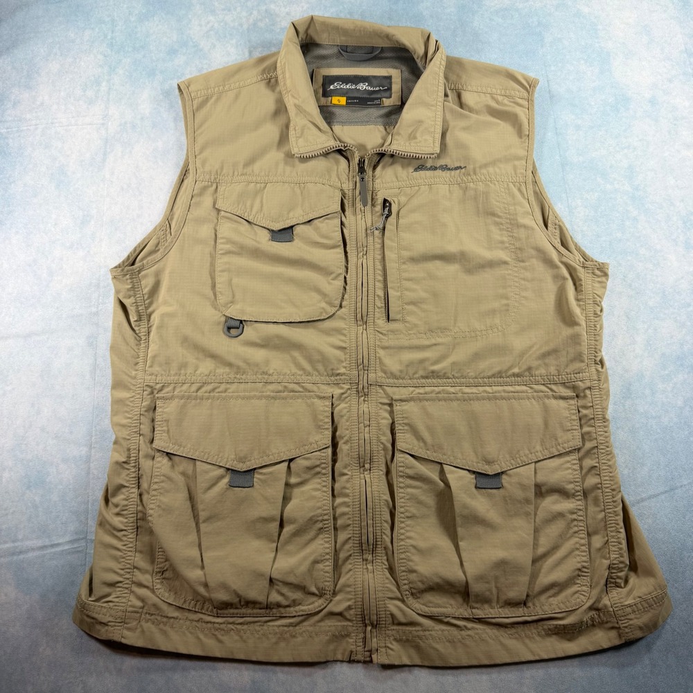 Eddie Bauer Travex Vest Mens L Tan Excellent Utility Cargo Fishing Hiking 3091